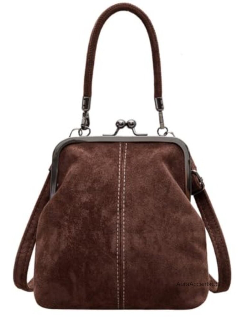 Suede Crossbody Bag Kiss Lock Top Handle Satchel Purse